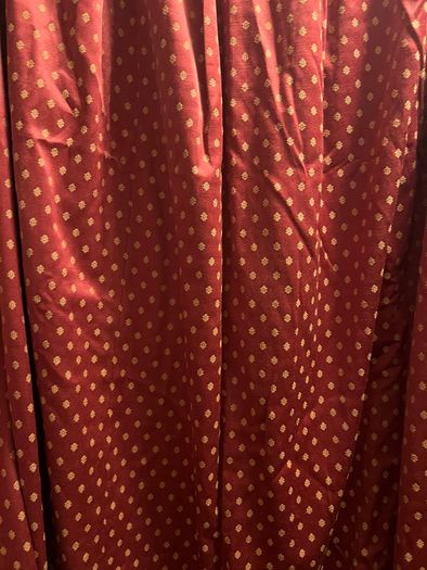 Stunning set of bespoke floor length maroon brocade curtains with gold "butti" motif