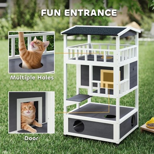 Wooden Cat House Den 3-Tier Outdoor Kitten Shelter Lodge w/ Tilted Roof Terrace Jump Step Bottom Tray Elevated Base Waterproof Paint 140 x 78 x 76cm Grey
