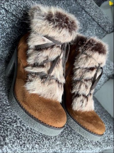 Premoli Brown Suede Fur Trim Chunky Heel Ankle Boots Size 38/UK 5
