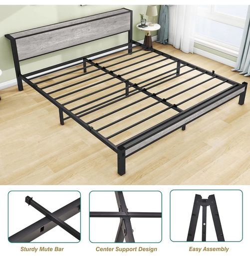 King Size Bed Frame with Storage Wooden Headboard
