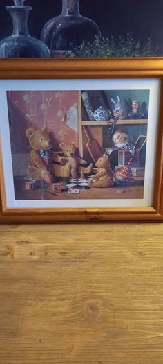 Vintage Raymond Campbell Teddy Bear Picture/ Solid Pine Frame, AV