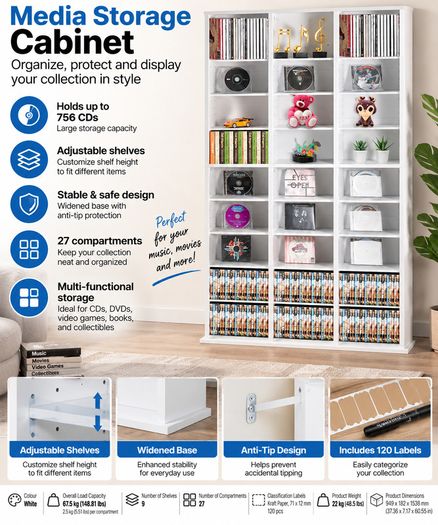 Media Storage Cabinet with Adjustable Shelves  27 Compartments, Holds up to 756 CDs