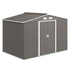 9 x 6FT Outdoor Garden Roofed Metal Storage Shed Tool Box with Foundation Ventilation & Doors Light, Grey