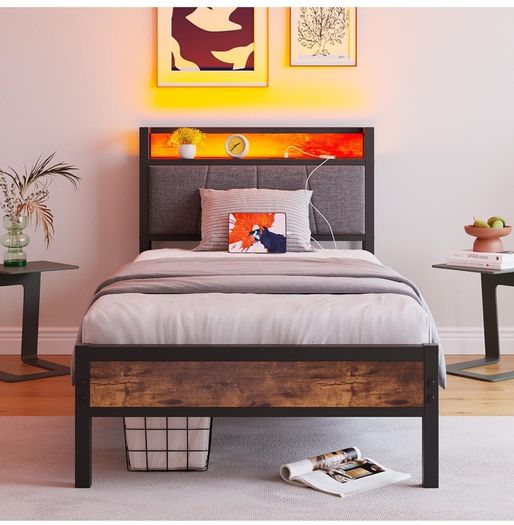 single LED Lights,Metal Upholstered Platform Bed Frame with Charging