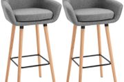 Set of 2 Linen Bar Stools with Solid Wood Legs, Metal Frame &amp; High Back Grey