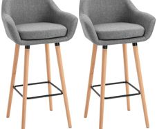 Set of 2 Linen Bar Stools with Solid Wood Legs, Metal Frame & High Back Grey