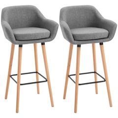 Set of 2 Linen Bar Stools with Solid Wood Legs, Metal Frame & High Back Grey