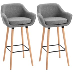 Set of 2 Linen Bar Stools with Solid Wood Legs, Metal Frame & High Back Grey