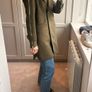 olive green faux-suede double-breasted coat featuring a prominent plush F U R colla Image 2