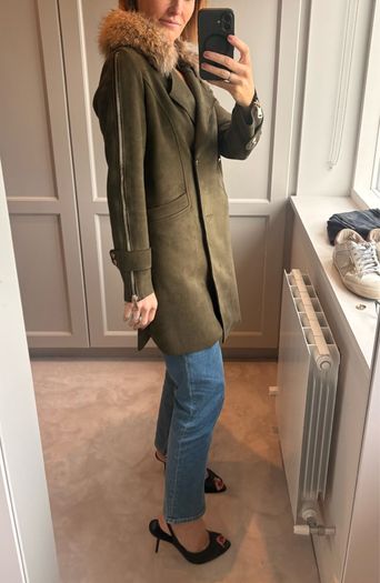 olive green faux-suede double-breasted coat featuring a prominent plush F U R colla