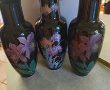 Vintage Japanese Black Porcelain Vase with Flowers each 30.00 euro or all 3 for 85.00 euro. stamped.