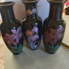 Vintage Japanese Black Porcelain Vase with Flowers each 30.00 euro or all 3 for 85.00 euro. stamped.