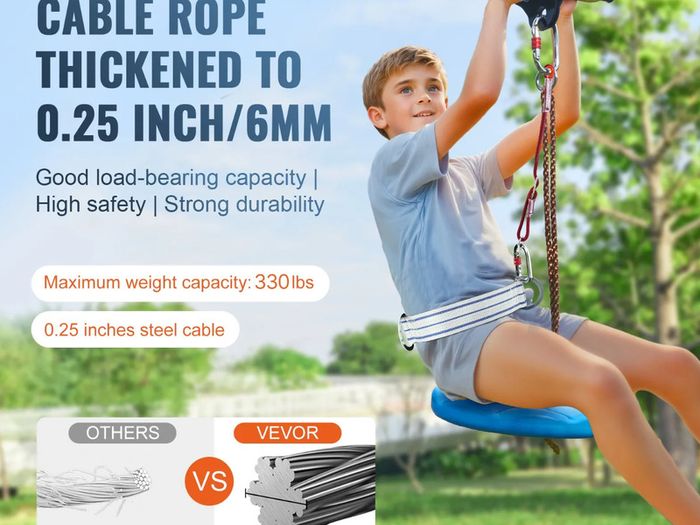 Zipline Kit for Kids and Adult, 48.77 m Zip Line Kits Up to 226.8 kg, Backyard Outdoor Quick Setup Zipline, Playground Entertainment with Stainless Steel Zipline, Spring Brake, Safety Harness, Seat