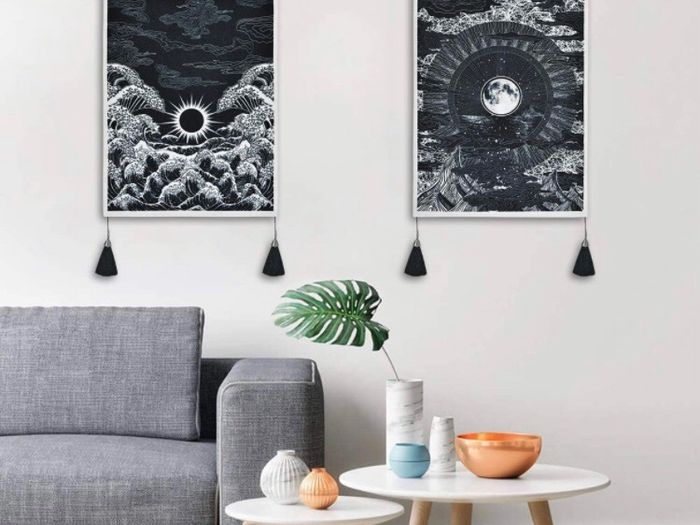(Pack of 2) Moon and Star Tapestry Ocean Wave Black and White Tapestry Wall Hanging for Room (35 x 50cm)