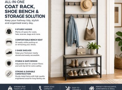 Hallway Coat Rack with Bench & Shoe Storage