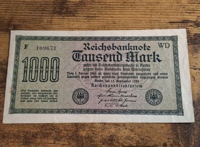German Empire, 1000 Mark 1922 Banknote, 15 September 1922, almost uncirculated - free standard postage