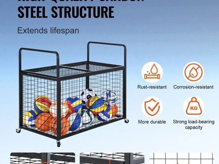 XL Rolling Sports Ball Storage Cart, Lockable Basketball Cage with Elastic Straps, Sport Equipment Holder Organizer for Indoor Outdoor, Steel Storage Rack for Garages, Playgroup, Gym and Schools
