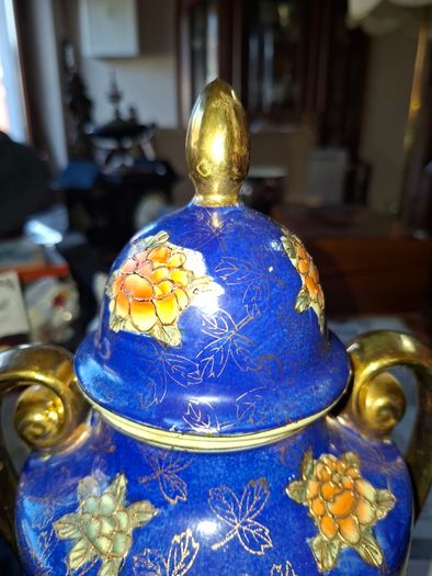 Vintage Twin Handled Japanese Cobalt Blue & Gold Lidded Urn or Amphora Vase, Postage available or Collection