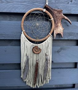 Sacred Antler Dream Catcher Portal with Pheasant Feathers, Olive Wood Spiral and Fig Tree Beads