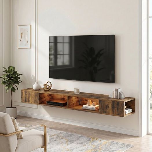 Floating industrial Wall Mounted TV Stand with RGB LED Lights