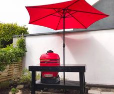 24" Ceramic Kamado & Custom Outdoor Table with integrated Parasol.