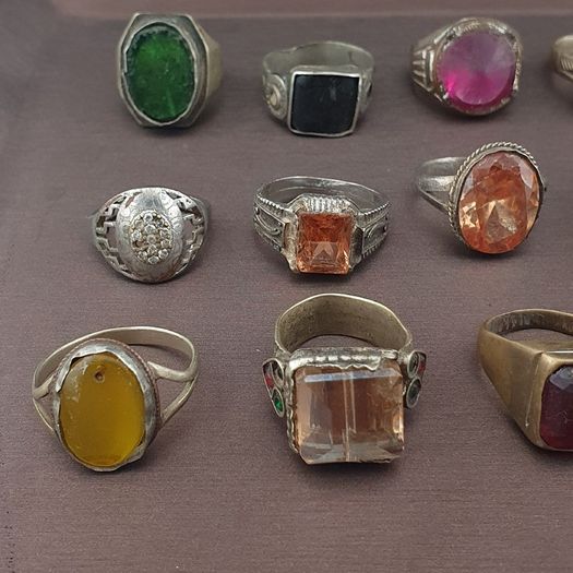 Antique Ring Collection Lot of 15 Mixed Brass Stone & Glass Rings