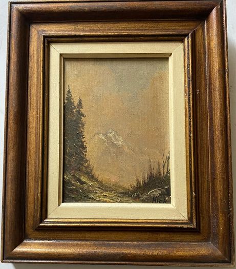Pair of Vintage Mid-Century Mountain Landscape Oil Paintings, Signed "Nick", Framed