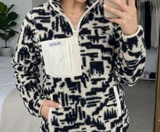 Columbia Womans West Bend Black Cream Abstract Dark Stone Highland Tonal Print Sherpa Fleece Half Zip Pullover Size L