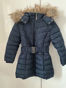 Girls navy padded winter coat with faux fur hood