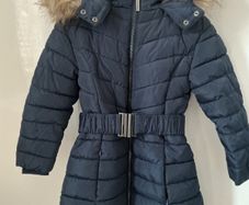 Girls navy padded winter coat with faux fur hood