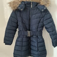Girls navy padded winter coat with faux fur hood