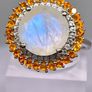 Rainbow Moonstone, Fire Opal, White Zircon Double Halo Ring in Rhodium Overlay Sterling Silver. Image 2