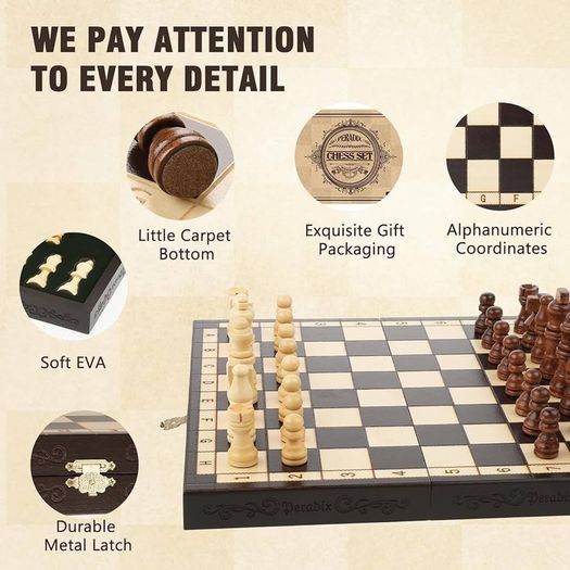 Chess Set | Wooden Chess Board Piece Set Games | 29x29cm Folding Chessboard for Storage | 2 Extra Queen | Strategy Educational Games for Kids and Adult