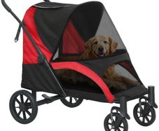 Foldable Pet Stroller for Large Dogs with Four Big Wheels, Shock-Absorbing Frame, Safety Leashes, Brakes, Red/Black