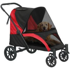 Foldable Pet Stroller for Large Dogs with Four Big Wheels, Shock-Absorbing Frame, Safety Leashes, Brakes, Red/Black