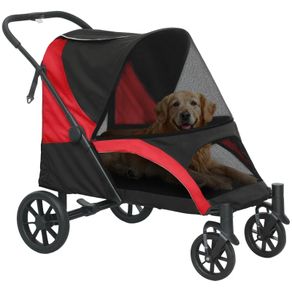 Foldable Pet Stroller for Large Dogs with Four Big Wheels, Shock-Absorbing Frame, Safety Leashes, Brakes, Red/Black