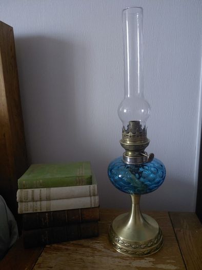 vintage French blue glass oil lamp works