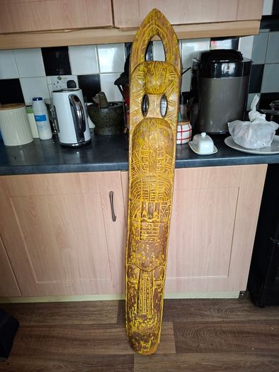 A Large Traditional Hand Carved Wood Shield Totem, Postage Available or collection, Measurements are in the photo's