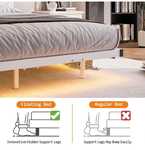 4ft6 Floating Double Bed Frame Upholstered Platform Bed with Storage Shelf Headboard,Charging Station/LED Lights,Metal Slat Support/Noise Free,No Box Spring Needed,135x190 Double Size,White