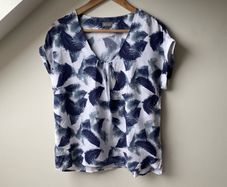 Phase Eight Short Sleeve Feather Print Top, Blue/White UK10