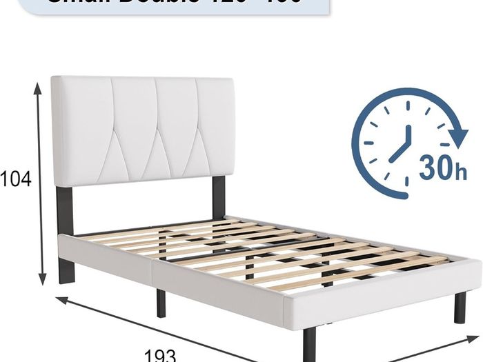 Small Double Bed Frame, White, Upholstered Wooden Slat Bed Frame with Headboard