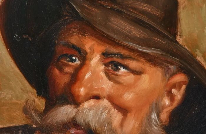 Antique oil painting of a man with pipe