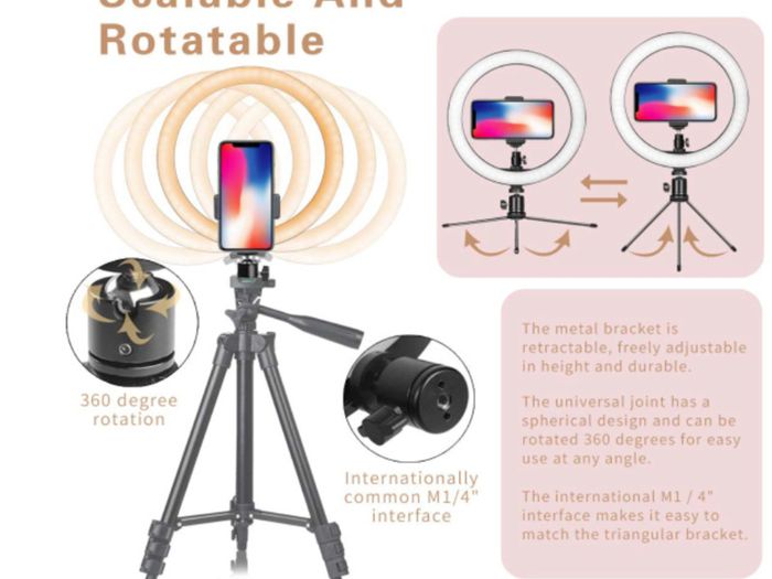 LED Ring Light 10" with Tripod Stand & Phone Holder for Live Streaming & YouTube Video, Dimmable Desk Makeup Ring Light for Photography, LED Lamp with tripod