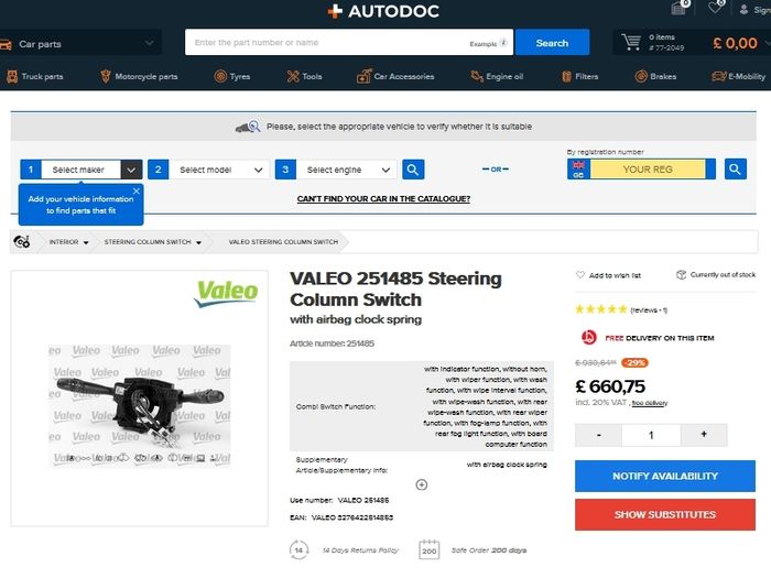 Valeo 251485 Steering wheel Colunm Switch For Peugeot 206 - 307
