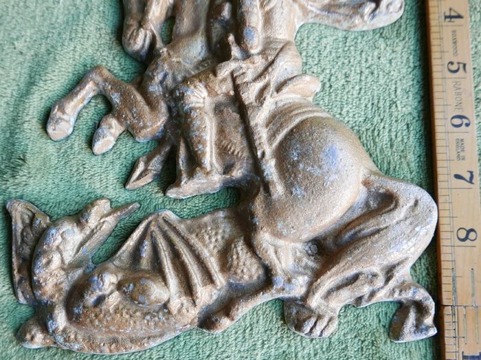 Vintage Aluminum Warrior Killing The Dragon Horseman Fighting With Dragon Reliev Figurine 9" X 7,5"