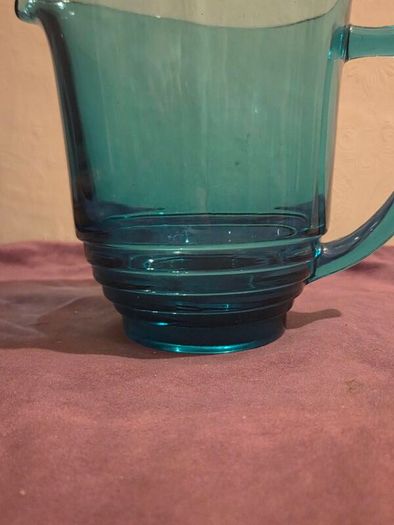 1950's Stepped Ring Base Teal Blue Glass Jug - Made in England