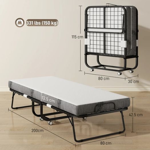 Folding single bed 200 x 80 cm with mattress, portable folding guest bed on casters, steel frame, white