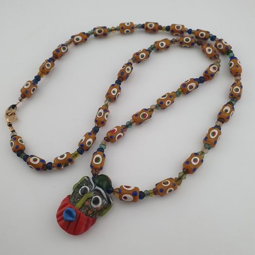 Vintage Venetain Style delicate Dotted Glass Beads & Old Face Glass Pendant Necklace