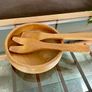 Mid Century Honey Teak Turned Medium Salad Bowl and Servers by Retos Shannon Image 5