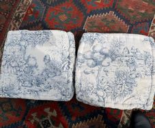 TWO VINTAGE THICK FRENCH toile de jouy fabric cushions